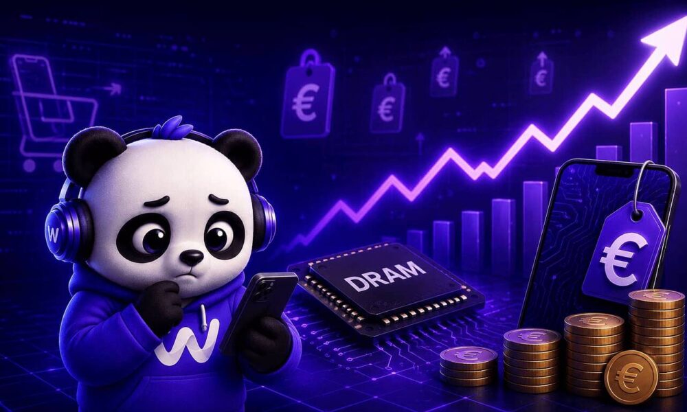 Panda triste avec smartphone, prix euros montent, puce DRAM.