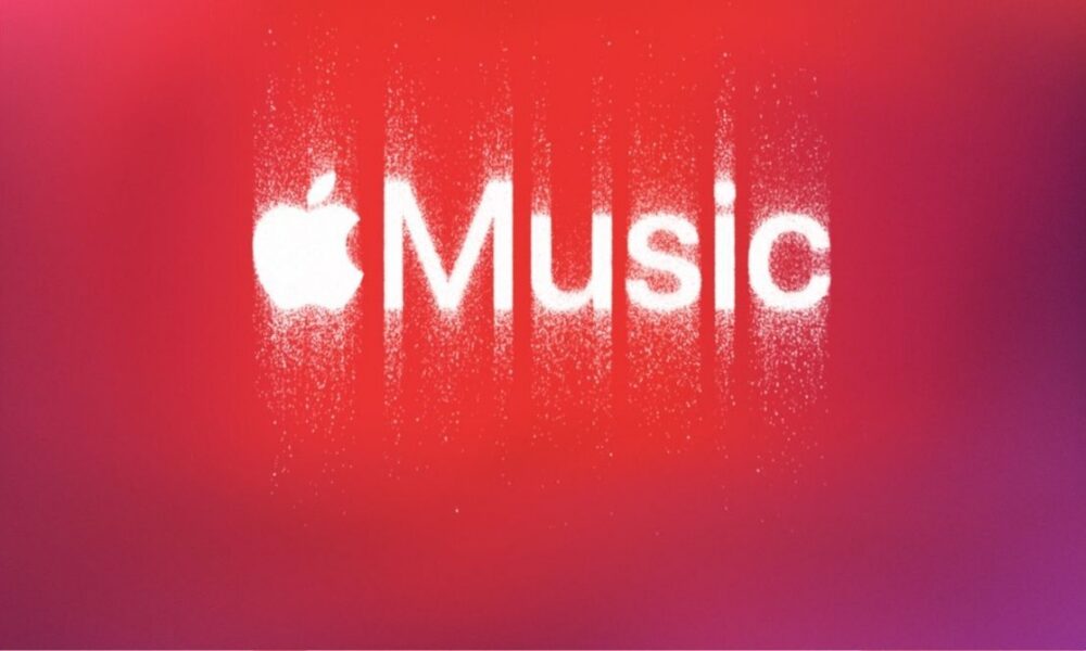 White Apple Music logo with spray effect on a gradient background.
