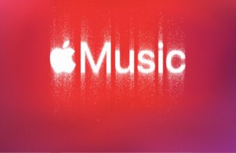 White Apple Music logo with spray effect on a gradient background.