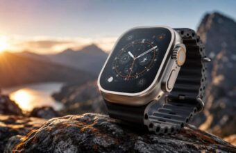 Apple Watch Ultra sur rocher au coucher du soleil.