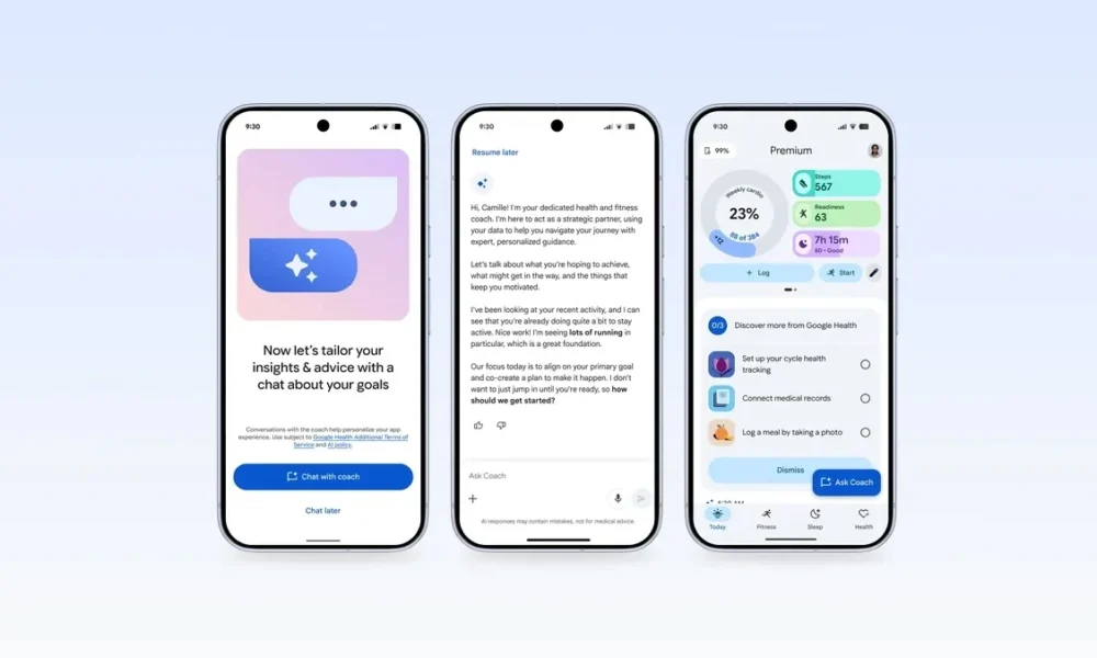 Google Health application with AI coach and health tracking on smartphone.