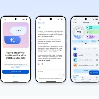 Application Google Health avec coach IA et suivi de la santé sur smartphone.