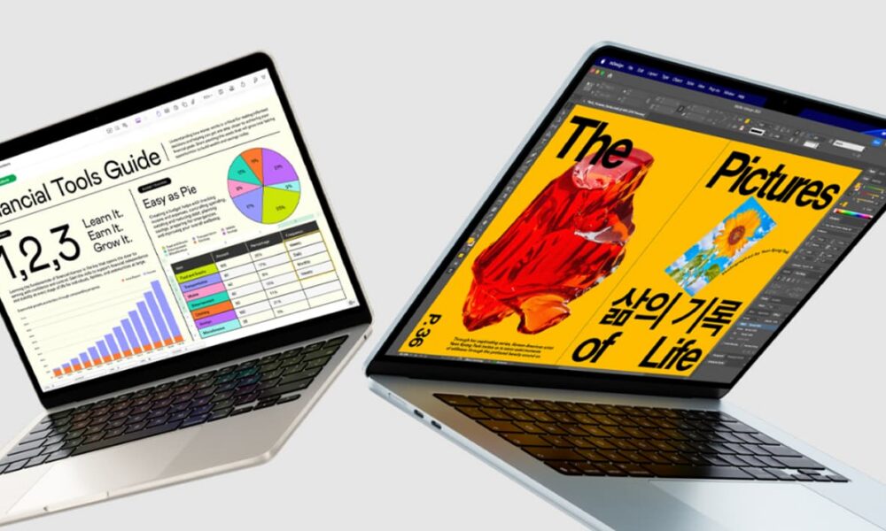 Two laptops displaying financial and design applications.
