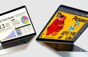 Two laptops displaying financial and design applications.