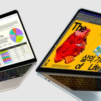 Two laptops displaying financial and design applications.