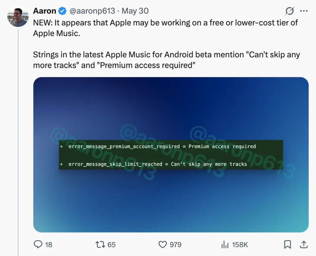 Tweet Apple Music: nouvelles options tarifaires révélées par du code.