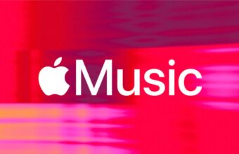 White Apple Music logo on an abstract red and pink background.
