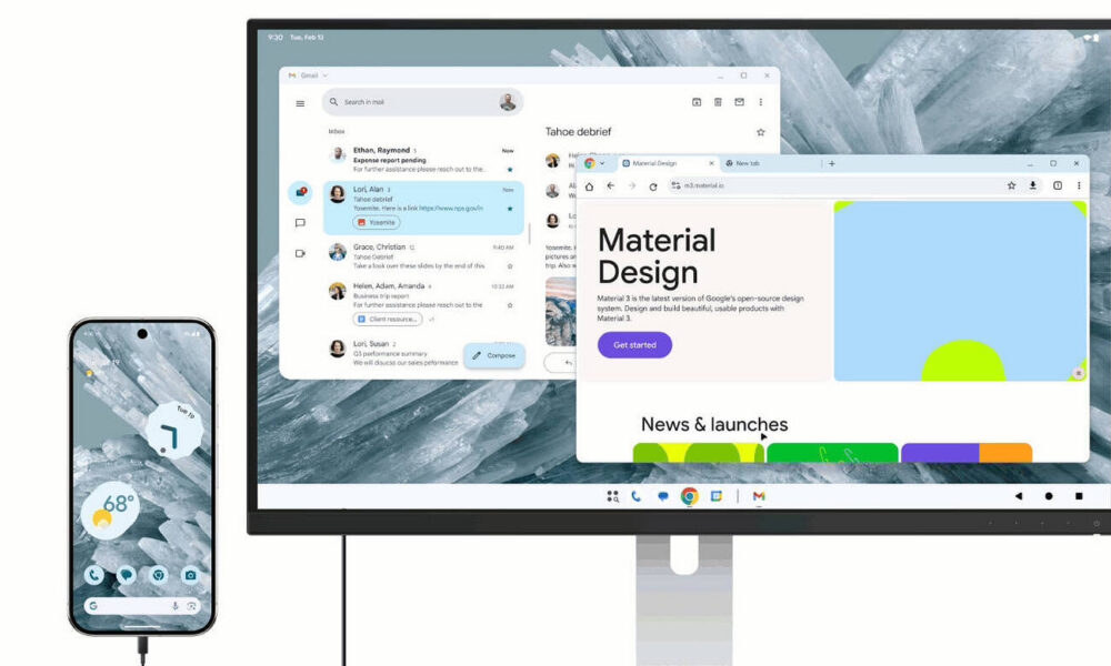 Smartphone Android connecté à un moniteur affichant des applications de bureau.
