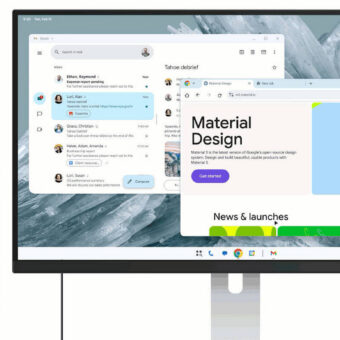 Smartphone Android connecté à un moniteur affichant des applications de bureau.