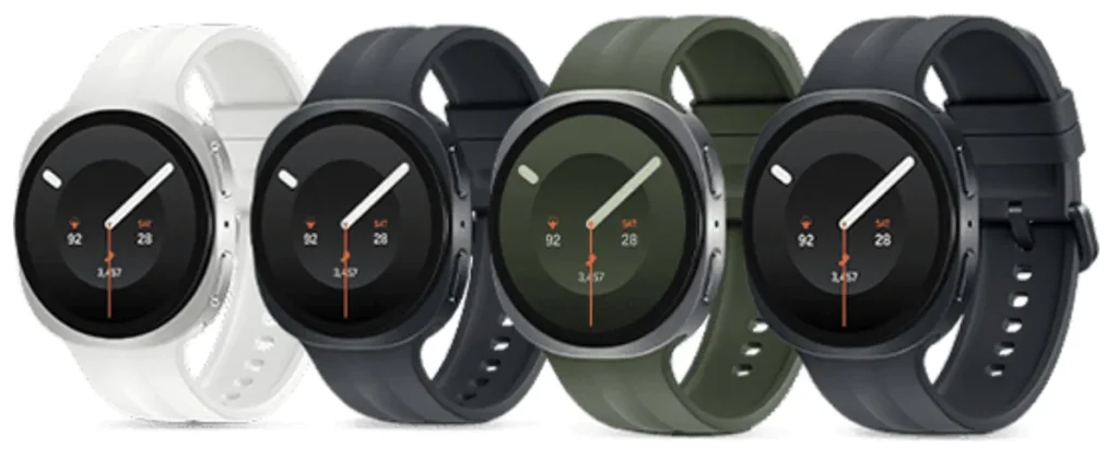 Collection of round smartwatches in multiple colors.