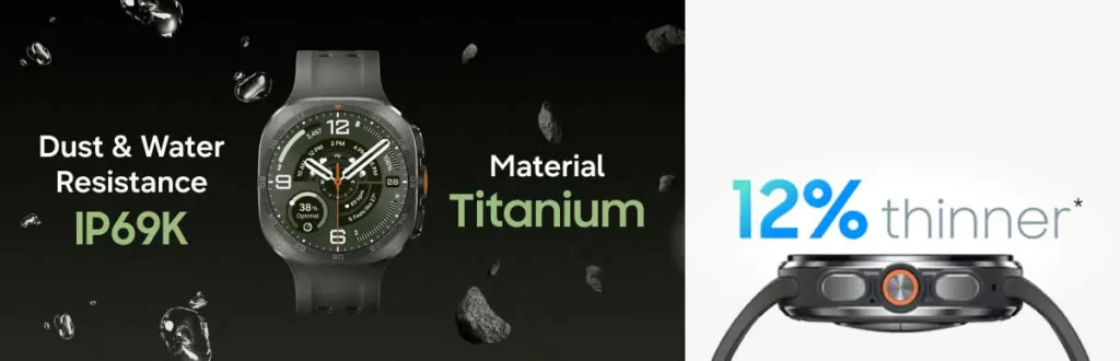 Titanium smartwatch, water-resistant, 12% thinner.