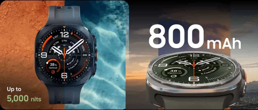 Smartwatch with 5000 nits brightness and 800 mAh battery.
