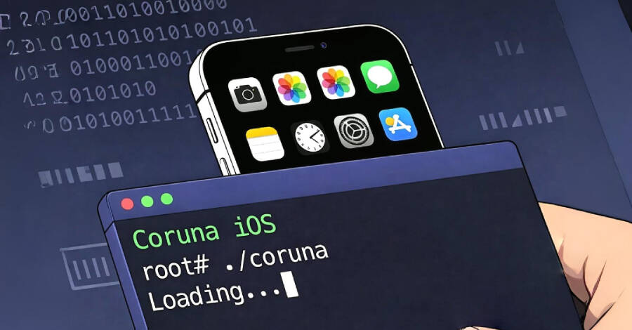 Jailbreak iPhone iOS via terminal Coruna. Code binaire.
