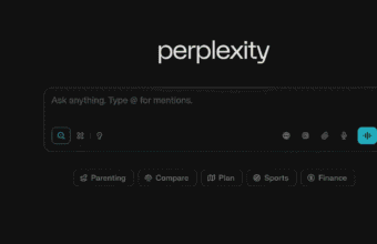 Interface Perplexity AI avec barre de recherche et cat&eacute;gories th&eacute;matiques.
