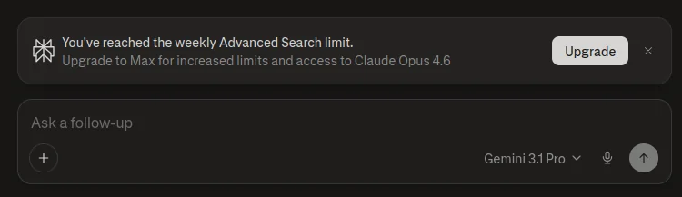Notification de limite de recherche avancée hebdomadaire atteinte, avec option de mise à niveau Max.